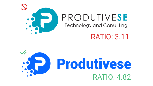 Dois logotipos da Produtivese com estilos diferentes. O primeiro logotipo apresenta um ícone de círculo com elementos gráficos que lembram uma explosão de dados em vermelho e azul ao lado do texto 'PRODUTIVESE Technology and Consulting' em preto, com o índice de proporção 3.11 abaixo. O segundo logotipo mostra um ícone circular simplificado em azul com a letra 'P' ao centro, seguido pelo texto 'Produtivese' em azul e verde, com o índice de proporção 4.82 abaixo.