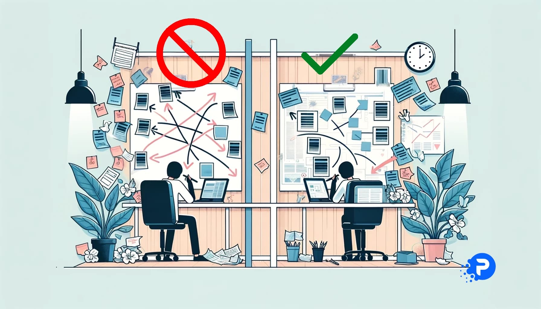 Ilustração dividida ao meio: à esquerda, um cenário caótico com notas espalhadas e um símbolo de erro vermelho, representando desafios em um projeto sem planejamento visual. À direita, um ambiente tranquilo e organizado, simbolizando um processo de desenvolvimento web eficiente com planejamento prévio.