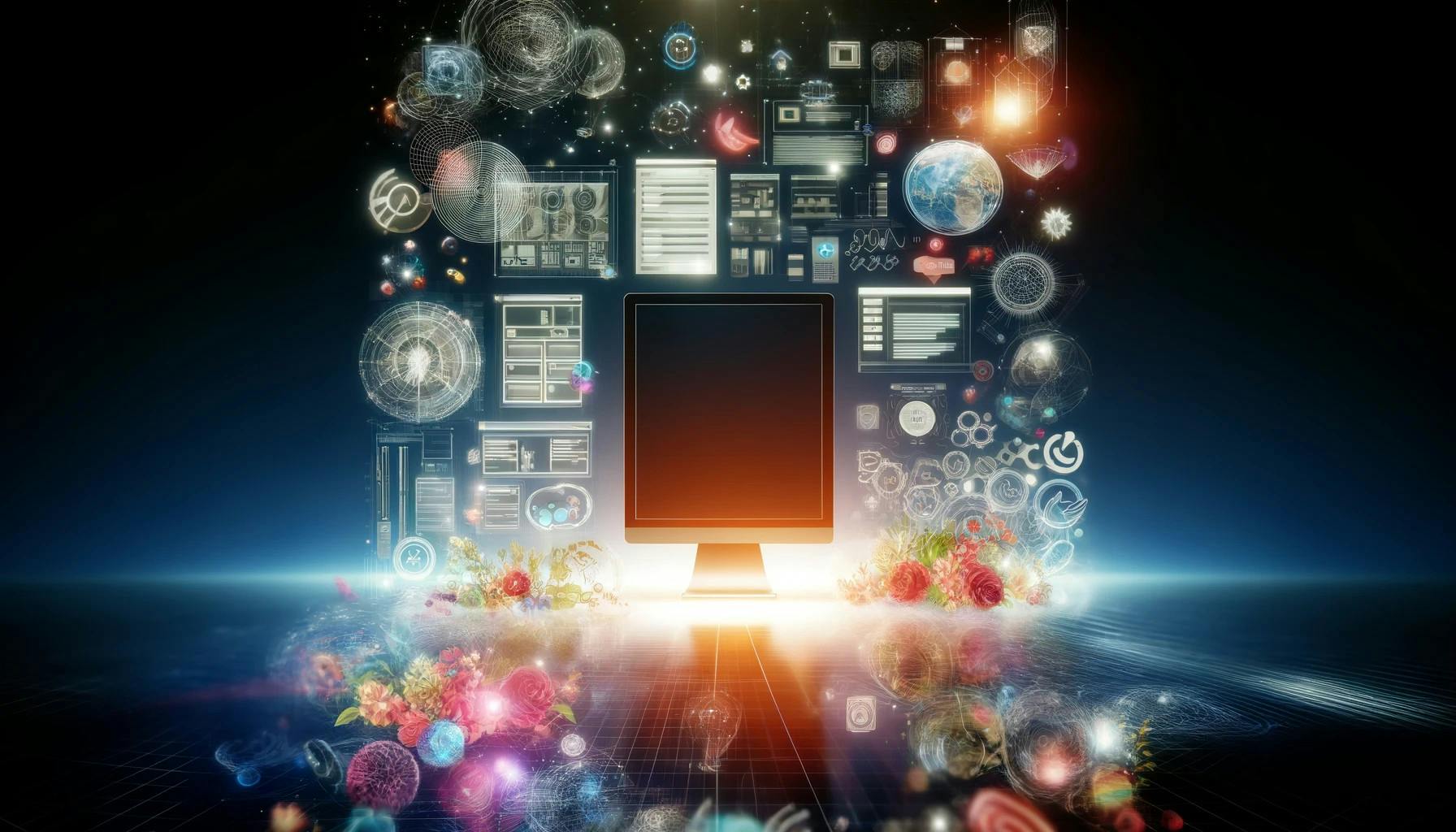Espaço digital abstrato com wireframes, paletas de cores e ícones de UI ao redor de uma tela central iluminada, representando a fusão de design e tecnologia no desenvolvimento web.