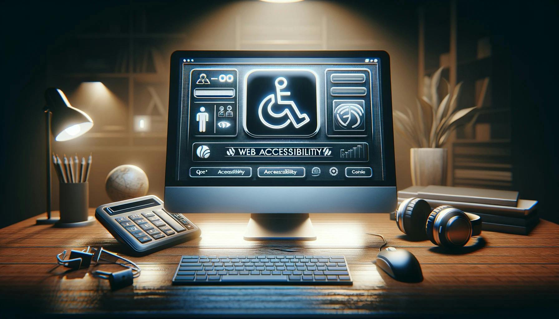 Área de trabalho iluminada com monitor mostrando ícones de acessibilidade na web, como audiodescrição e legendas. Logo Produtivese e texto - Acessibilidade na Web Princípios, Benefícios e Casos Reais.